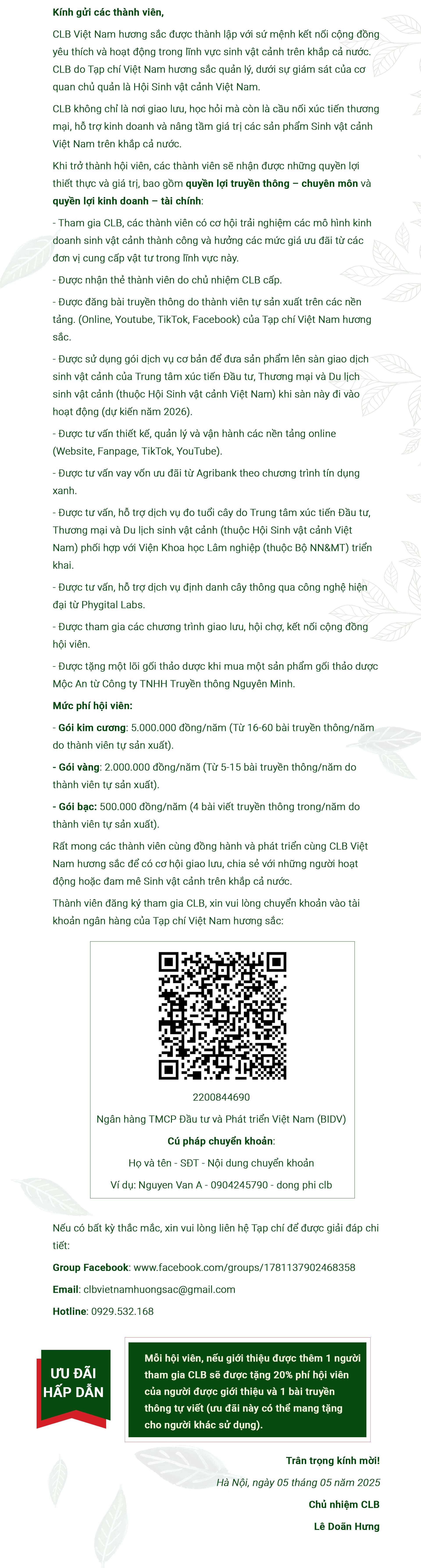 Thư mời tham gia CLB Việt Nam hương sắc
