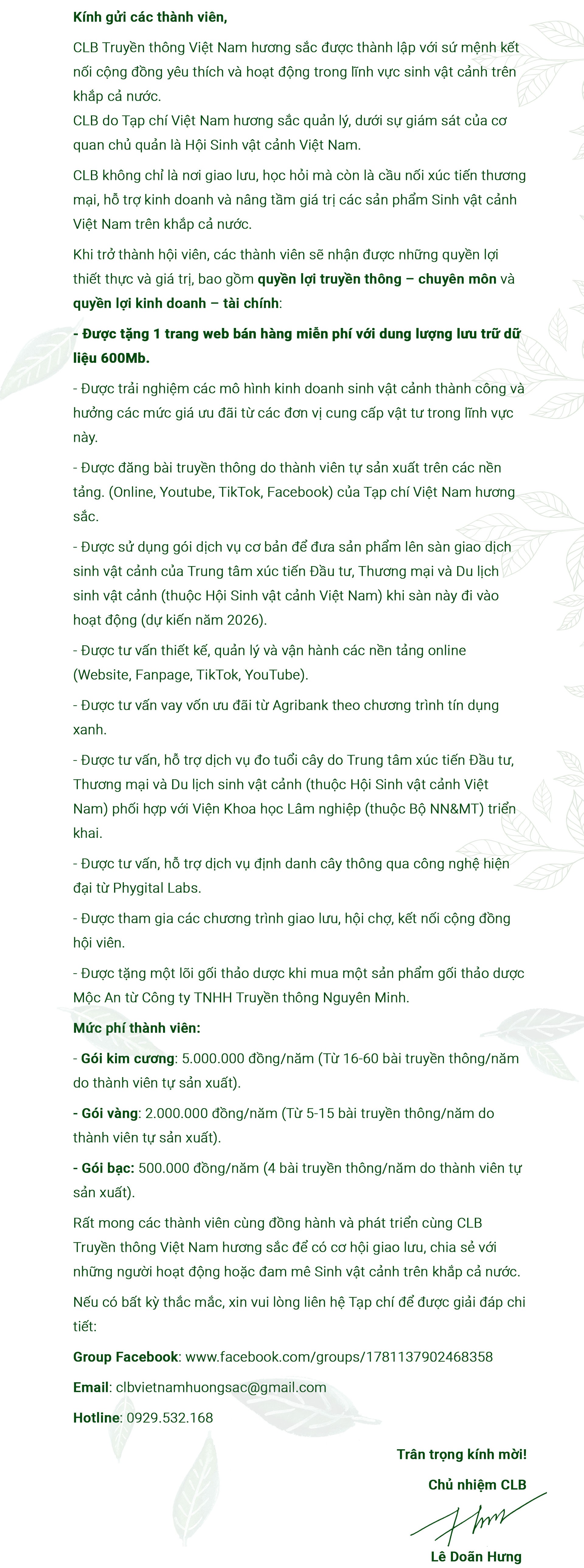 Thư mời tham gia CLB Truyền thông Việt Nam hương sắc