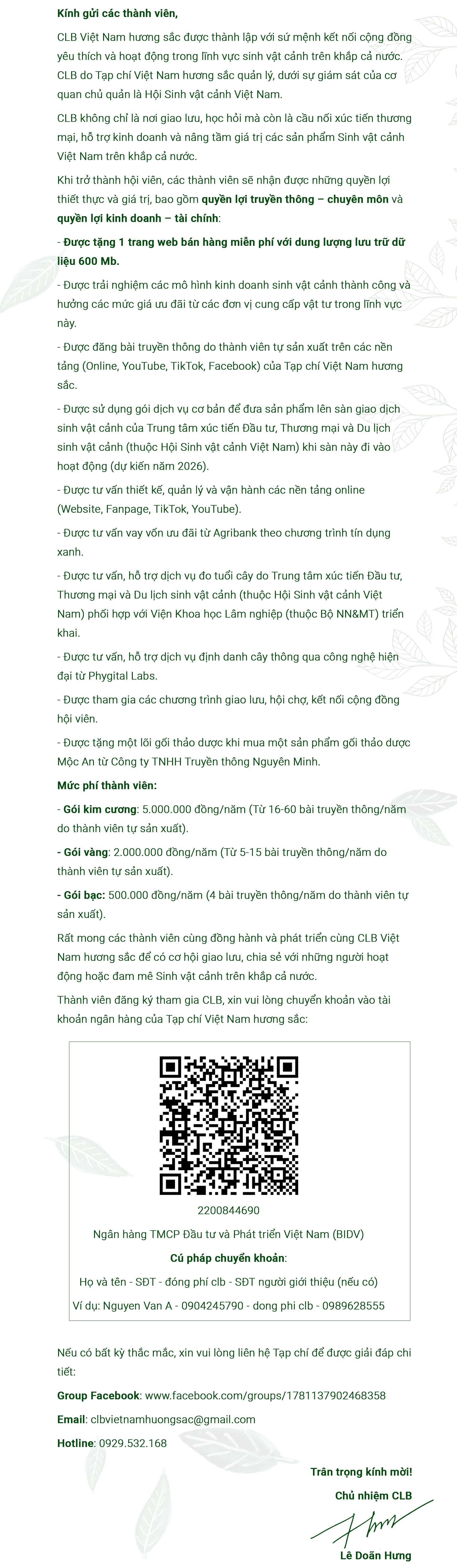 Thư mời tham gia CLB Truyền thông Việt Nam hương sắc