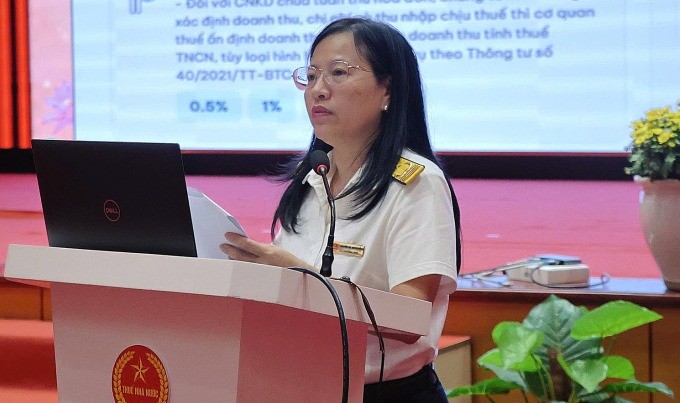 Bà Nguyễn Thị Thanh Hằng, Trưởng ban Chính sách, thuế quốc tế (Cục Thuế) phát biểu tại hội nghị, ngày 19/6. Ảnh: Cục Thuế
