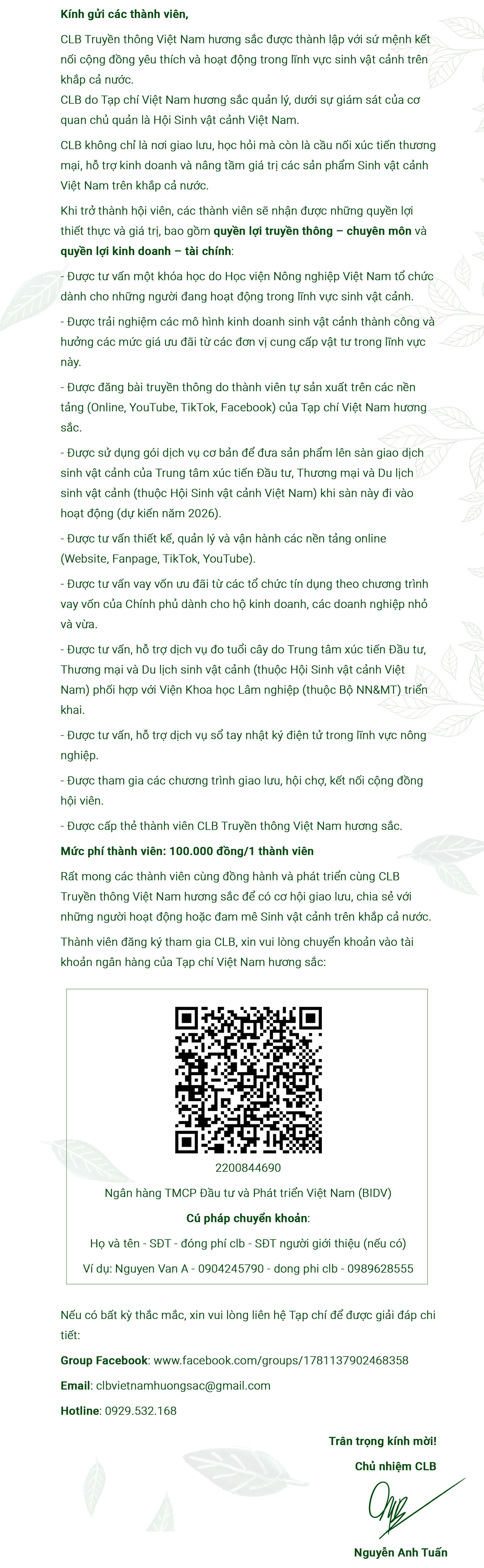 Thư mời tham gia CLB Truyền thông Việt Nam hương sắc