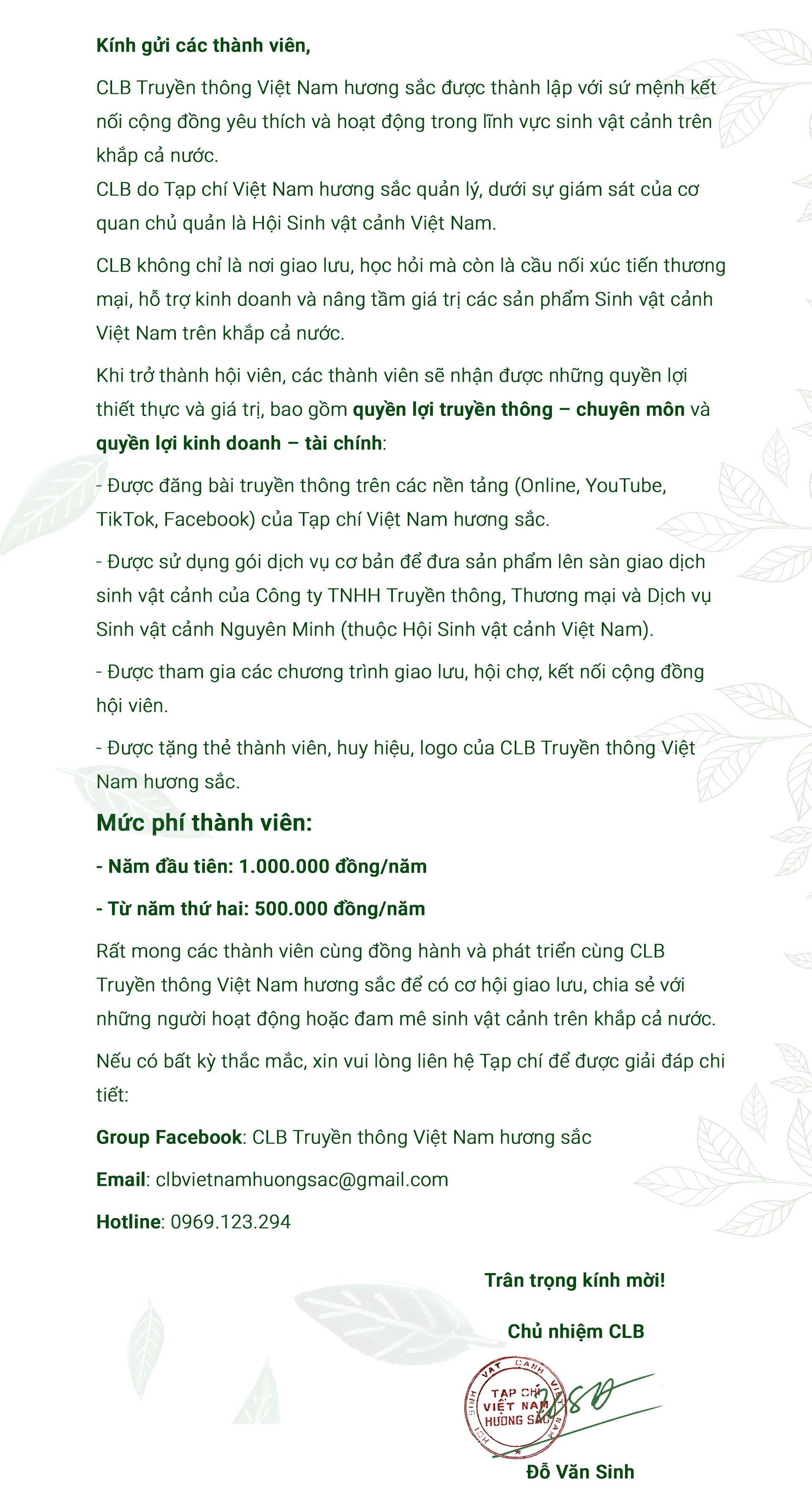 Thư mời tham gia CLB Truyền thông Việt Nam hương sắc