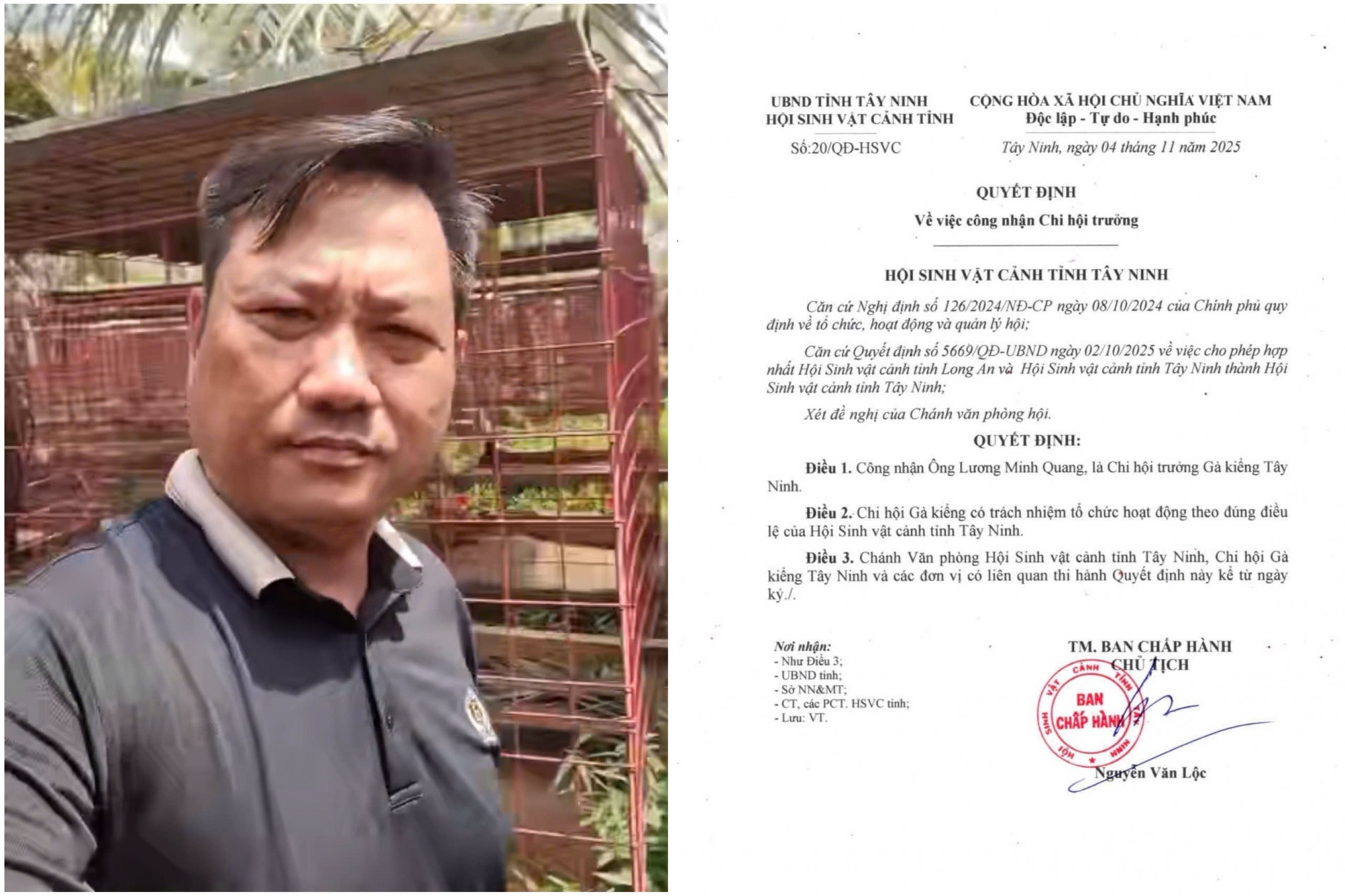 Anh Lương Minh Quang được Hội Sinh vật cảnh tỉnh Tây Ninh công nhận là Chi hội trưởng Chi hội Gà kiểng tỉnh Tây Ninh Anh Lương Minh Quang được Hội Sinh vật cảnh tỉnh Tây Ninh công nhận là Chi hội trưởng Chi hội Gà kiểng tỉnh Tây Ninh