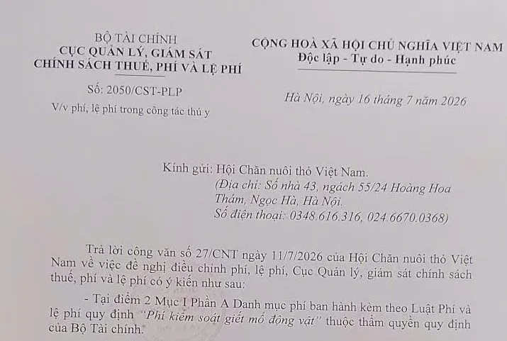 Phí kiểm soát giết mổ thỏ: Bộ Tài chính nêu rõ quy trình sửa đổi chính sách